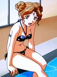  bikini brown_eyes brown_hair double_bun halter_top halterneck hayasaka_akira navel official_art open_mouth polka_dot polka_dot_bikini pool poolside side-tie_bikini sitting soaking_feet super_real_mahjong swimsuit tanaka_ryou 