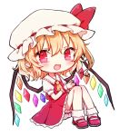  1girl ascot bare_legs blonde_hair bow chibi fang flandre_scarlet full_body hair_between_eyes hat hat_bow honotai looking_at_viewer mary_janes miniskirt mob_cap open_mouth own_hands_together pointy_ears red_eyes red_footwear red_skirt shoes simple_background sitting skirt skirt_set smile socks solo touhou white_background white_hat white_legwear wings wrist_cuffs yellow_neckwear 