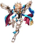  1boy :o absurdres angry armor blonde_hair blue_eyes blue_scarf boots brown_hair chung_seiker deadly_chaser_(elsword) dual_wielding elsword full_armor full_body gloves gun highres male_focus multicolored_hair official_art open_mouth ress scarf solo spiky_hair standing standing_on_one_leg streaked_hair two-tone_hair weapon 