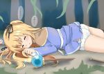  1girl ass bangs black_legwear black_ribbon blonde_hair blue_dress blurry blurry_background blush broken broken_staff closed_eyes commentary_request day depth_of_field dress eyebrows_visible_through_hair hair_ribbon highres long_hair long_sleeves lying on_ground on_stomach orb original outdoors panties parted_lips ribbon sekira_ame solo staff tears thigh-highs torn_clothes torn_dress translation_request tree two_side_up underwear very_long_hair white_panties 