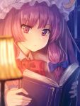  1girl blurry book bow crescent crescent_moon_pin depth_of_field frown hair_ribbon hat highres lamp long_hair mob_cap patchouli_knowledge purple_hair ribbon ryokucha_manma solo touhou violet_eyes 