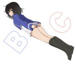  1girl andou_(girls_und_panzer) arms_behind_back bc_freedom_military_uniform black_footwear black_hair blue_jacket blue_vest boots covering covering_ass dark_skin dutch_angle full_body girls_und_panzer high-waist_skirt jacket knee_boots letter long_sleeves looking_at_viewer looking_back miniskirt short_hair simple_background skirt skirt_tug solo standing vest wata_do_chinkuru white_background white_skirt 