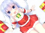  bare_shoulders bell blue_eyes blue_hair box breasts christmas cleavage downblouse dress from_above gift gift_box gochuumon_wa_usagi_desu_ka? hair_ornament hairclip jingle_bell kafuu_chino kouda_suzu long_hair looking_up open_mouth red_dress short_dress sitting small_breasts smile strapless strapless_dress 