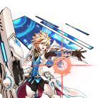 1boy :o absurdres armor black_pants blonde_hair blue_eyes boots brown_hair cannon chung_seiker cowboy_shot elsword full_armor gloves highres huge_weapon hwansang long_hair male_focus multicolored_hair official_art open_mouth outstretched_hand pants pauldrons shell_casing solo spiky_hair streaked_hair surcoat tactical_trooper_(elsword) thigh-highs thigh_boots two-tone_hair weapon 