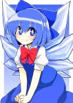  1girl azumaya_toushirou blue_bow blue_eyes blue_hair blue_skirt bow bowtie cirno closed_mouth commentary_request eyebrows_visible_through_hair hair_bow highres ice ice_wings red_neckwear short_hair short_sleeves skirt smile solo touhou wings 