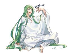  1boy :d amg_(nwmnmllf) androgynous arm_support barefoot bird bird_on_hand commentary_request enkidu_(fate/strange_fake) eyebrows_visible_through_hair fate/grand_order fate/strange_fake fate_(series) green_eyes green_hair hand_up long_hair long_sleeves male_focus open_mouth robe signature simple_background sitting smile solo toenails very_long_hair white_background white_robe 