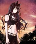  1girl belt black_hair blake_belladonna bow ecru forest hair_bow nature navel rwby solo yellow_eyes 