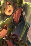  1girl :d arm_up armpits bangs blue_cape blue_skirt breasts cape commentary_request eyebrows_visible_through_hair eyes_visible_through_hair green_eyes green_hair green_legwear green_shirt hair_between_eyes hair_over_one_eye liebe long_hair looking_at_viewer medium_breasts moeru!_jiten navel official_art open_mouth original pleated_skirt shirt skirt smile solo thigh-highs 