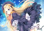  1girl abigail_williams_(fate/grand_order) bangs black_bow black_dress black_hat blonde_hair bloomers blue_eyes blush bow butterfly commentary_request dress eyebrows_visible_through_hair fate/grand_order fate_(series) forehead hair_bow hat long_sleeves looking_away maruchan. object_hug orange_bow parted_bangs parted_lips polka_dot polka_dot_bow sleeves_past_wrists solo stuffed_animal stuffed_toy teddy_bear underwear v-shaped_eyebrows white_bloomers 