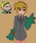  1girl blonde_hair bottomless brown_eyes captain_kirb collared_shirt commentary dress_shirt gloves green_gloves grey_shirt hairband looking_down mandy multiple_views necktie raised_eyebrow red_neckwear sepia_background shirt short_hair simple_background the_grim_adventures_of_billy_&amp;_mandy thigh_gap thighs upper_body 