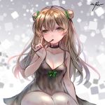  1girl arm_support bangs bare_arms blush bow breasts brown_hair choker collarbone double_bun dress eating erect_nipples eyebrows_visible_through_hair food girls_frontline green_eyes hair_bow holding_pocky legs_together long_hair looking_at_viewer medium_breasts mirutu nipple_slip nipples no_bra pinky_out pocky rfb_(girls_frontline) signature sitting smile solo 