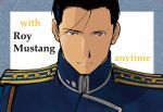  1boy bangs black_eyes black_hair blue_background character_name english face frame fullmetal_alchemist looking_at_viewer male_focus military military_uniform roy_mustang serious shaded_face short_hair simple_background smile text uniform white_background 