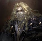  1boy artist_name avamone bangs beard blonde_hair blue_eyes cape closed_mouth facial_hair fate/apocrypha fate_(series) goatee highres lancer_of_black long_hair looking_at_viewer male_focus mustache parted_bangs shirt signature solo upper_body white_shirt 