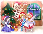  4girls akira_(salmo-tora-ke) american_flag_dress american_flag_legwear ascot bangs black_hair blonde_hair blue_bow blue_dress blue_eyes blunt_bangs bow brown_eyes christmas christmas_tree clownpiece dress drill_hair fairy_wings hair_bow hat highres indoors long_sleeves luna_child merry_christmas multiple_girls neck_ruff orange_hair pink_eyes pointy_ears red_dress red_eyes red_hat santa_hat sitting smile snowing standing star_sapphire sunny_milk touhou white_dress wide_sleeves window wings winter yellow_neckwear 