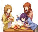  3girls ahoge bangs blue_jacket blush bow bowl brown_hair checkered_bow checkered_bowtie closed_eyes collared_shirt eyebrows_visible_through_hair food food_request highres holding holding_bowl holding_chopsticks hood hooded_jacket jacket kawai_makoto koufuku_graffiti leaning_forward long_sleeves machiko_ryou morino_kirin multiple_girls open_clothes open_eyes open_jacket open_mouth pink_sweater pleated_skirt purple_hair red_bow red_neckwear sandwich shiina_(koufuku_graffiti) shirt simple_background skirt standing sweatdrop sweater table tan_skirt v-shaped_eyebrows violet_eyes white_background white_collar wing_collar yellow_jacket 