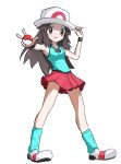  1girl absurdres blue_(pokemon) blue_shirt blush brown_eyes brown_hair full_body hat hat_tip highres long_hair looking_at_viewer outstretched_arms poke_ball pokemon pokemon_(game) pokemon_frlg red_skirt shirt skirt sleeveless sleeveless_shirt smile socks solo sun_hat wristband 