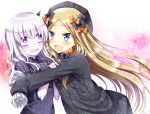 2girls :d abigail_williams_(fate/grand_order) bangs black_bow black_dress black_hat blonde_hair blue_eyes blush bow commentary_request dress eyebrows_visible_through_hair fate/grand_order fate_(series) forehead hair_between_eyes hair_bow hat horn hug lavinia_whateley_(fate/grand_order) long_hair long_sleeves looking_at_viewer multiple_girls open_mouth orange_bow parted_bangs parted_lips polka_dot polka_dot_bow sakura_tsubame silver_hair sleeves_past_wrists smile star sweat very_long_hair violet_eyes 