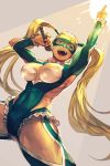  1girl :d arm_up blonde_hair bodysuit cowboy_shot frills green_bodysuit green_eyes grey_background hair_tubes hankuri holding holding_microphone legs_apart long_hair long_sleeves mask microphone music open_mouth rainbow_mika revealing_clothes singing smile solo spotlight standing street_fighter twintails 