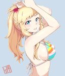 1girl :p arms_up bikini bikini_top blonde_hair blue_background blue_eyes bowieknife breasts flower from_side hair_flower hair_ornament idolmaster idolmaster_cinderella_girls long_hair looking_at_viewer multicolored multicolored_bikini multicolored_clothes o-ring o-ring_top ootsuki_yui ponytail sideboob sidelocks simple_background solo striped striped_bikini swimsuit tongue tongue_out 