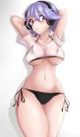  1girl absurdres bikini black_bikini blue_eyes blue_hair bonemanjake breasts candy chaos;child crop_top food glasses headphones highres kazuki_hana large_breasts looking_at_viewer short_hair solo swimsuit 