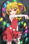  1girl ahoge armpits bare_arms belt blonde_hair bow breasts contrapposto cowboy_shot cravat cropped_legs crystal curled_fingers dress eyebrows_visible_through_hair fang flandre_scarlet grey_background hair_between_eyes hair_bow laevatein looking_at_viewer messy_hair no_headwear open_mouth outstretched_arm petticoat red_dress red_eyes side_ponytail sideboob sleeveless sleeveless_dress small_breasts solo thick_eyebrows thumbs_down touhou upper_teeth uumaru wings yellow_neckwear 