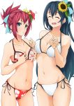  2girls aqua_eyes bikini black_hair breasts closed_eyes cowboy_shot floral_print flower hair_flower hair_ornament kiui_gunsou long_hair looking_at_viewer medium_breasts multiple_girls phantasy_star phantasy_star_online_2 ponytail red_bikini redhead side-tie_bikini simple_background swimsuit washinomiya_koori white_background yasaka_hitsugi 