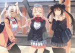  3girls ^_^ ^o^ alternate_hairstyle backpack bag black_hair black_legwear black_skirt blonde_hair breasts buttons closed_eyes commentary_request double_bun headgear iowa_(kantai_collection) kantai_collection large_breasts long_hair long_sleeves miniskirt multiple_girls musashi_(kantai_collection) nagato_(kantai_collection) one_eye_closed open_mouth plaid plaid_scarf pleated_skirt pointy_hair red_eyes red_scarf scarf school_uniform skirt smile thigh-highs tonari_no_kai_keruberosu twintails white_hair white_skirt zettai_ryouiki 