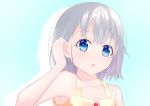  1girl blue_background blue_eyes blush collarbone eromanga_sensei eyebrows_visible_through_hair hofumaso izumi_sagiri long_hair looking_at_viewer parted_lips silver_hair simple_background solo upper_body 