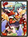  1girl ahoge alternate_hairstyle battle_girl_high_school blush commentary_request double_bun fan green_hair hair_ornament japanese_clothes kimono looking_at_viewer medium_hair official_art red_eyes sadone solo 