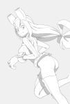  1girl arm_belt ass asui_tsuyu bangs belt bodysuit boku_no_hero_academia closed_mouth commentary_request feet_out_of_frame from_behind gloves goggles goggles_on_head grey_background greyscale hair_between_eyes highres long_hair looking_at_viewer looking_back low-tied_long_hair monochrome simple_background solo thigh-highs tim_loechner 