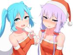  2girls abmayo bare_shoulders blue_eyes blue_hair blush breasts character_request christmas collarbone hat looking_at_viewer low_twintails multiple_girls open_mouth purple_hair sack santa_costume short_hair twintails violet_eyes vocaloid yuzuki_yukari 