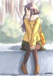  1girl blush boots brown_footwear eyebrows_visible_through_hair green_skirt hinata_yukari jacket knees_together_feet_apart long_hair long_sleeves looking_to_the_side pantyhose purple_hair purple_legwear scarf signature sitting skirt solo tree umiroku violet_eyes white_scarf yellow_jacket yuyushiki 