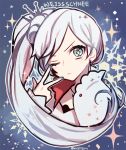  1girl blue_eyes ecru english hand_gesture nail_polish one_eye_closed rwby scar scar_across_eye solo weiss_schnee white_hair 