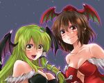  2girls :d bangs bare_shoulders bat_wings black_wings blush breasts brown_hair cleavage closed_mouth collarbone cosplay eyebrows_visible_through_hair frog_hair_ornament green_hair grey_background hair_ornament hair_tubes hat head_wings kochiya_sanae lilith_aensland lilith_aensland_(cosplay) long_hair medium_breasts morrigan_aensland multiple_girls off_shoulder open_mouth pointy_ears red_eyes red_hat shameimaru_aya short_hair smile snake_hair_ornament tokin_hat touhou under_boob underboob_cutout unya upper_body v-shaped_eyebrows vampire_(game) wings yellow_eyes 