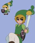  1girl :/ belt belt_buckle billy blonde_hair blue_background brown_eyes brown_footwear buckle captain_kirb carrying commentary cosplay eyebrows_visible_through_hair ezlo green_hat green_shirt grim_(grim_adventures) hat holding holding_shield holding_weapon left-handed link link_(cosplay) long_sleeves looking_at_another looking_up mandy poking scythe shield shirt short_hair simple_background sitting smile star sword teeth the_grim_adventures_of_billy_&amp;_mandy the_legend_of_zelda the_legend_of_zelda:_the_minish_cap tunic weapon 