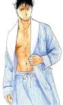  1boy bare_chest black_eyes black_hair brown_background expressionless fullmetal_alchemist jacket male_focus navel nib_pen_(medium) one_eye_closed ribbon roy_mustang short_hair shorts simple_background sleeppy standing traditional_media watercolor_(medium) 