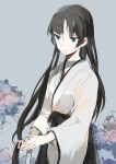  1girl black_hair blue_eyes closed_mouth commentary_request copyright_request eyebrows_visible_through_hair hakama hands_on_hilt japanese_clothes long_hair long_sleeves looking_down lowe_(slow) solo standing upper_body wide_sleeves 