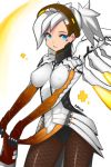  1girl 1h30min blue_eyes bodysuit breasts brown_legwear erect_nipples facial_mark fishnet_pantyhose fishnets gloves glowing glowing_wings headgear high_ponytail impossible_bodysuit impossible_clothes large_breasts lifted_by_self looking_at_viewer mechanical_halo mechanical_wings mercy_(overwatch) overwatch pantyhose parted_lips pelvic_curtain solo white_hair wings yellow_wings 