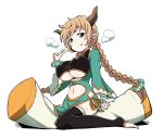  1girl :q black_legwear bracelet braid breasts brown_hair carmelina_(granblue_fantasy) cleavage doraf eyebrows_visible_through_hair granblue_fantasy green_eyes horns ishimari jewelry large_breasts long_hair looking_at_viewer midriff navel pointy_ears simple_background sitting solo sweat thigh-highs thighs tongue tongue_out twin_braids under_boob very_long_hair white_background 