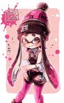  1girl ankle_boots aori_(splatoon) aori_(splatoon)_(cosplay) black_eyes black_footwear black_hair black_jumpsuit bobblehat boots cosplay crossed_arms dated detached_collar domino_mask gloves gradient_hair harutarou_(orion_3boshi) hat highres inkling inkling_(language) long_hair looking_at_viewer mask multicolored_hair pantyhose pointy_ears purple_hair purple_hat purple_legwear short_jumpsuit solo splatoon standing strapless tentacle_hair translation_request white_gloves 