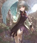  1girl bow bowtie breasts castle cave cliff contrapposto dress eno_(whiskeyne) folded_leg jacket kishin_sagume long_sleeves looking_at_viewer medium_breasts open_clothes open_jacket outdoors outstretched_hand purple_dress red_neckwear short_hair silver_hair single_wing smile solo touhou tree water waterfall white_jacket wings 
