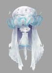  1girl arms_at_sides barefoot dress full_body grey_background hair_over_one_eye highres looking_at_viewer nihilego pale_skin personification pokemon short_hair simple_background standing violet_eyes white_dress yeah_m 