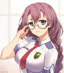  adjusting_eyewear blue_eyes braid brown_hair eiyuu_densetsu emma_millstein glasses highres long_hair looking_at_viewer necktie parted_lips red-framed_eyewear sen_no_kiseki sendrawz short_sleeves shoulder_pads signature smile upper_body 