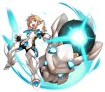  1boy :o absurdres armor blonde_hair blue_eyes blue_neckwear boots cannon chung_seiker elsword full_armor full_body gloves guardian_(elsword) hair_flaps highres holding holding_weapon looking_at_viewer male_focus metal_boots necktie official_art open_mouth pauldrons ress solo thigh-highs thigh_boots weapon 