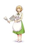  1girl :d apron blush closed_eyes collared_shirt commentary_request flying_sweatdrops full_body green_neckwear green_ribbon green_shirt green_skirt highres kawai_makoto long_sleeves neck_ribbon no_socks open_mouth original ribbon shirt short_hair signature simple_background skirt slippers smile solo standing white_apron white_background wing_collar 