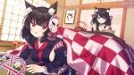  2girls :3 :t animal_ears azur_lane black_hair blue_eyes bow breasts butterfly_hair_ornament cat_ears checkered_pattern choker eating eyebrows_visible_through_hair fang food fox_mask fruit fusou_(azur_lane) hair_bow hair_ornament highres japanese_clothes kisshii_(kic1224) kotatsu long_hair long_sleeves looking_at_viewer low_ponytail lying mandarin_orange mask mask_on_head multiple_girls on_stomach open_mouth red_eyes short_eyebrows short_hair sideboob table tatami teapot wavy_mouth wide_sleeves yamashiro_(azur_lane) 