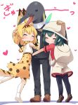  1boy 2girls ^_^ animal_ears backpack bag belt black_hair black_legwear blonde_hair blush bucket_hat closed_eyes commentary elbow_gloves extra_ears eyebrows_visible_through_hair gloves hand_on_another&#039;s_head hat hat_feather heart high-waist_skirt highres hug kaban_(kemono_friends) kemono_friends makuran multicolored multicolored_clothes multicolored_gloves multicolored_legwear multiple_girls pantyhose print_gloves print_legwear print_neckwear print_skirt red_shirt serval_(kemono_friends) serval_ears serval_print serval_tail shirt short_sleeves shorts skirt sleeveless sleeveless_shirt smith_&amp;_wesson tail tatsuki_(person) tiptoes white_background white_gloves white_legwear yellow_gloves yellow_legwear yellow_neckwear yellow_skirt 