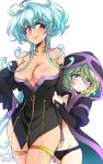  2girls absurdres ahoge bare_shoulders black_panties blue_hair blush breasts cagliostro_(symphogear) choker cleavage cloak closed_mouth collarbone commentary_request dated detached_sleeves elfnein green_hair highres hood hooded_cloak kiraki large_breasts lips long_hair long_sleeves looking_at_viewer multiple_girls panties red_eyes senki_zesshou_symphogear shiny shiny_hair short_hair simple_background smile standing thigh_strap underwear white_background 
