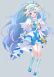  1girl 8041mm blue_eyes blue_footwear blue_hair boots capelet cure_ange dress earrings full_body grey_background hair_ornament head_wings hugtto!_precure jewelry knee_boots long_hair looking_at_viewer magical_girl precure simple_background smile solo standing white_capelet white_dress wrist_cuffs yakushiji_saaya 