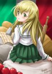  1girl arm_support bag bangs black_neckwear blonde_hair blouse blurry blurry_background blurry_foreground bottle bread closed_mouth commentary_request eyebrows_visible_through_hair food from_behind girls_und_panzer green_eyes green_skirt haruhata_mutsuki italian_flag light_smile long_hair long_sleeves looking_at_viewer looking_back miniskirt neckerchief ooarai_school_uniform pantyhose pleated_skirt rolling_pin school_uniform serafuku sitting skirt solo tomato white_blouse white_legwear 